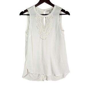 Pale Sky Quin Keyhole Crochet Off White Tank Top Sleeveless Blouse Boho Cottage